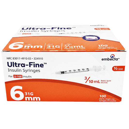Insulin Syringes 31 gauge x 3/10 mL with Ultra-Fine Needle 6mm x 31 G by Embecta 100/box
