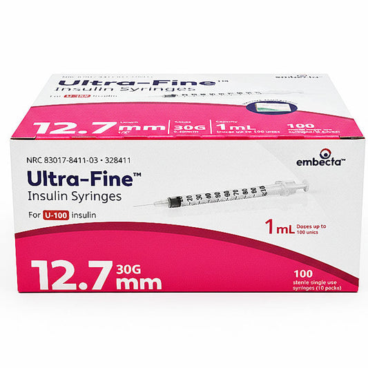 30 gauge x 1/2" Insulin Syringes 1 mL with Ultra-Fine Needle 1 mL, 100 Count