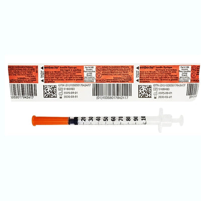 Insulin Syringes 28 Gauge x 1/2 inch, 1 mL Micro-Fine Needle U-100 Embecta 329424 Sterile 100/Box