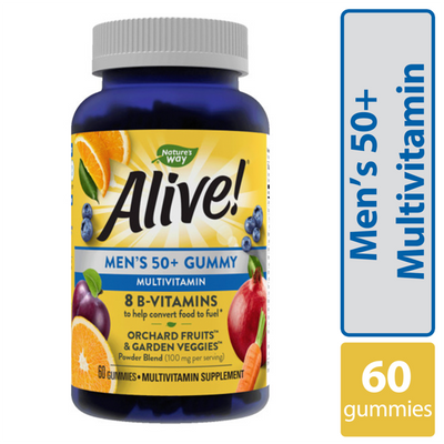 Alive Men’s 50+ Daily Gummy Multivitamins, Supports Healthy Brain, Eyes, Heart, 60 Gummies