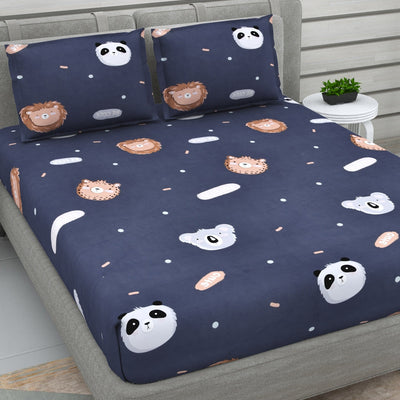 DREAM WEAVERZ Navy Blue & White Conversational Glazed Cotton 220 TC King Bedsheet with 2 Pillow Covers
