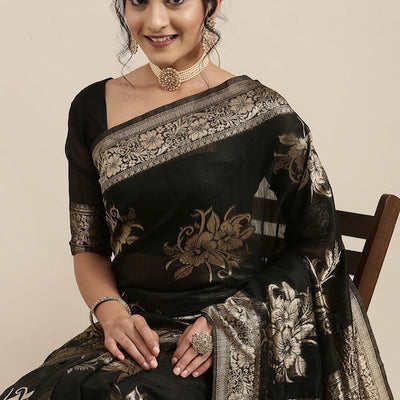 Black Floral Linen Blend Banarasi Saree
