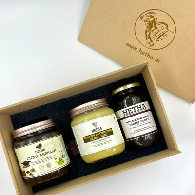 Hetha Gift Box with Desi Cow A2 Cultured Bilona Ghee, Chyawanprash, Honey & Lip Balm