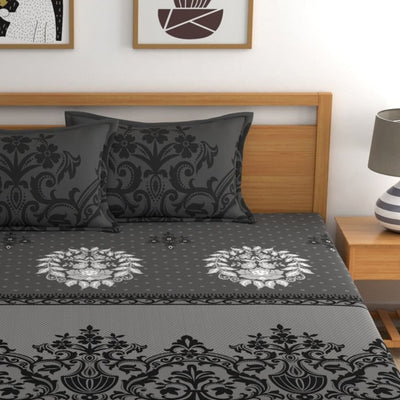 Dreamscape Grey & White Ethnic Motifs 144 TC Queen Bedsheet with 2 Pillow Covers