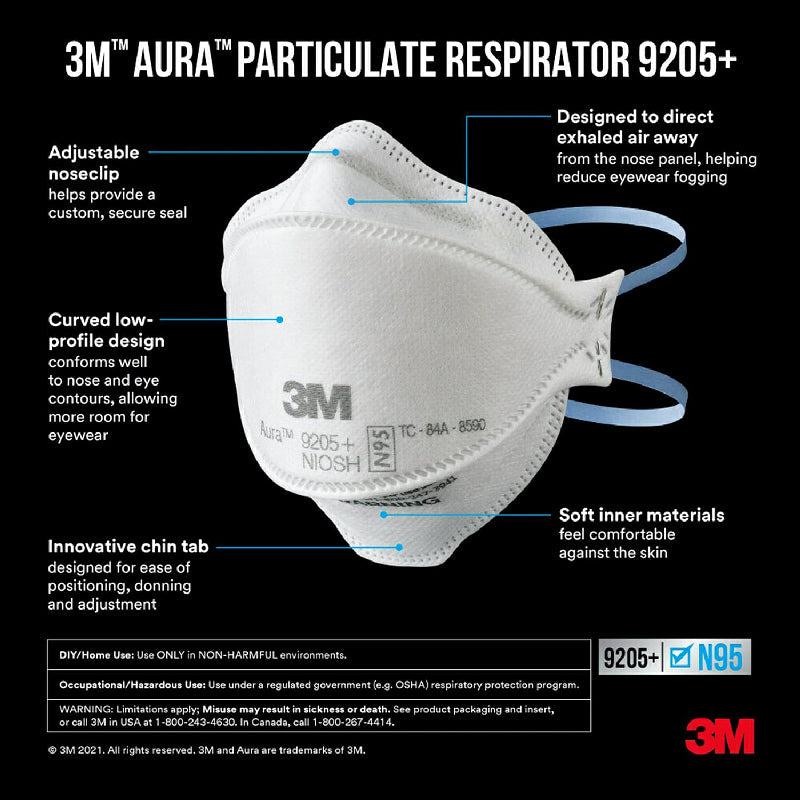 3M Aura N95 Particulate Respirator Face Mask Flat-Fold 3-Pack