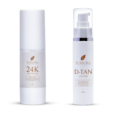 Flawora 24k Gold Face Serum For Brightening & Anti-Aging Skin & D-Tan Lotion For Pigmentation Tan Removal 