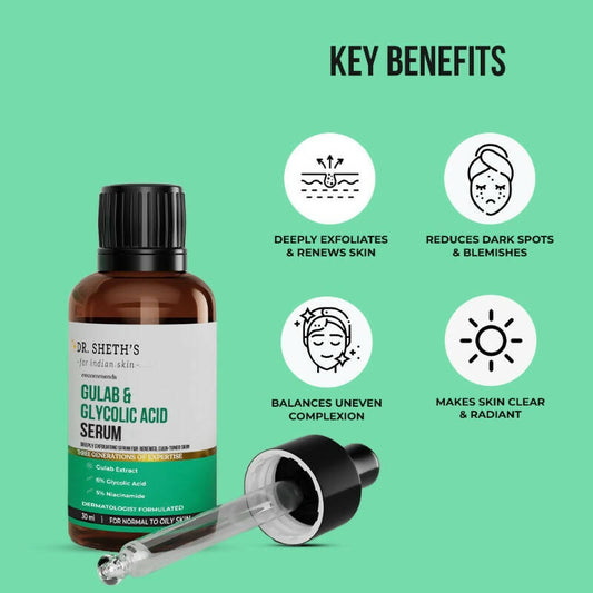 Dr. Sheth's Gulab & Glycolic Acid Face Serum with 5% Niacinamide, Skin Texture & Uneven Skin, For Normal to Oily Skin