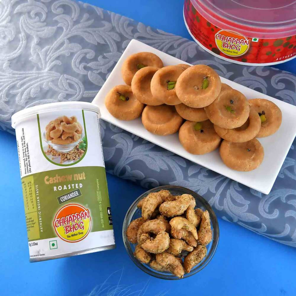 2 Kundan Flower Rakhis & Mathura Peda Hamper Combo
