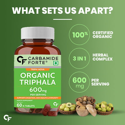 Carbamide Forte Organic Triphala Powder Tablets | 100% Natural 600mg Triphala Churna Powder Organic Tablets support Healthy Digestion, Improve Gut Health & Relieve Constipation | 60 Tablets