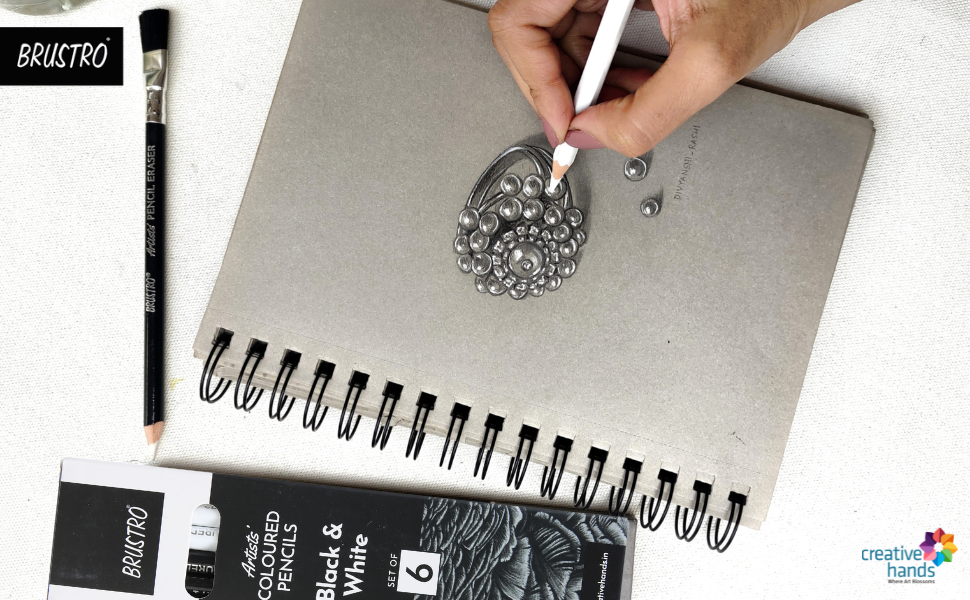 BRUSTRO Artists Coloured Pencils | Black & White | Set of 6 ( 3 Whites and 3 Blacks ) | Ideal for Students and Adults, Color, Sketching, Shading, Drawing, Blending, Mandala Art, School, Office Use