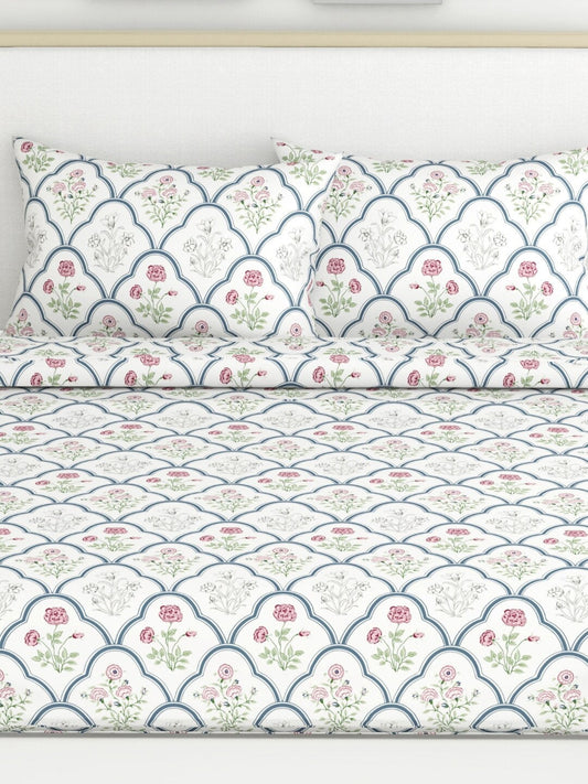 haus & kinder Blue & White Ethnic Motifs 186 TC King Bedsheet with 2 Pillow Covers