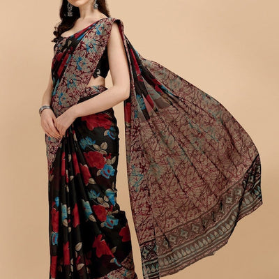 Black & Red Floral Printed Saree