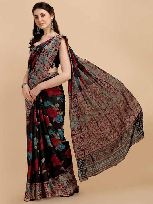 Black & Red Floral Printed Saree