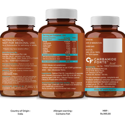 Carbamide Forte Omega 3 fish oil capsules | Salmon Fish Oil Omega 3 Capsule 1000mg | Omega 3 supplement with Omega 3 Fatty Acid , EPA 180 mg & DHA 120 mg | Fish Oil Omega 3 for Heart, Joints, Bones & Skin | 150 Omega 3 Capsules