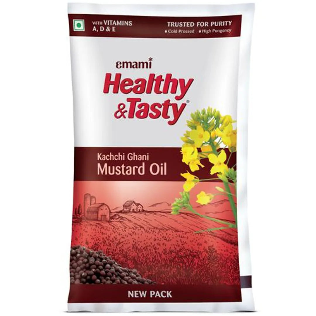 Emami Healthy & Tasty Kachchi Ghani Mustard Oil With High Pungency, Strong Aroma & Flavour, 1 L Pouch