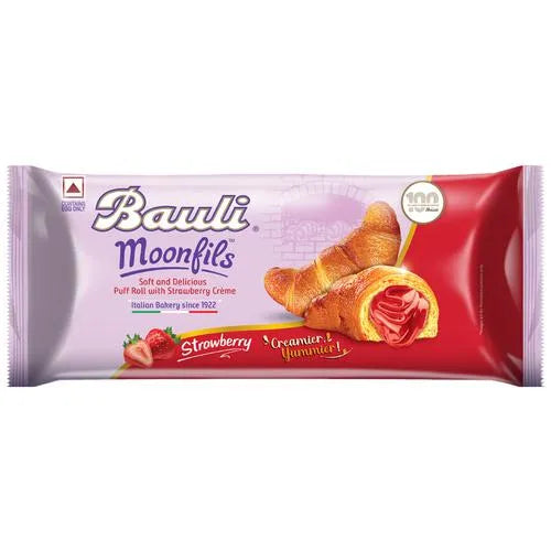 Bauli Moonfils - Strawberry Flavoured, Centre Filled Puff Rolls, Italian Recipe, Soft & Delicious, 50 g