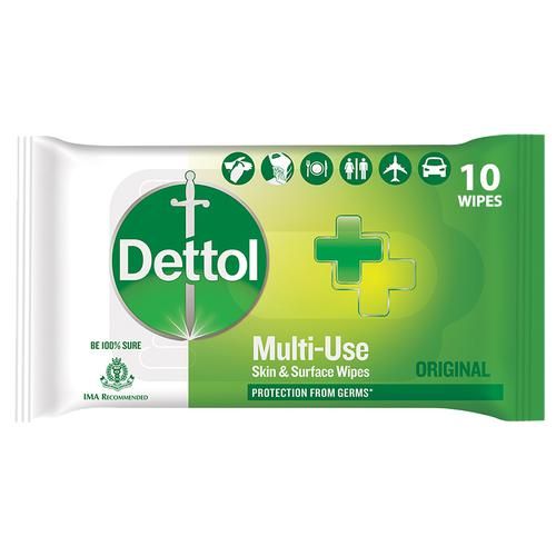 Dettol Disinfectant Sanitizer Wet Wipes - For Skin & Surfaces - Original, Multi-Use, 10 pcs