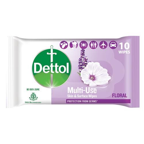 Dettol Disinfectant Sanitizer Wet Wipes - For Skin & Surfaces, Moisture Lock, Floral, 10 pcs
