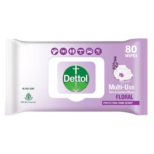 Dettol Disinfectant Sanitizer Wet Wipes - Multi-purpose, For Skin & Surfaces, Floral, 80 pcs