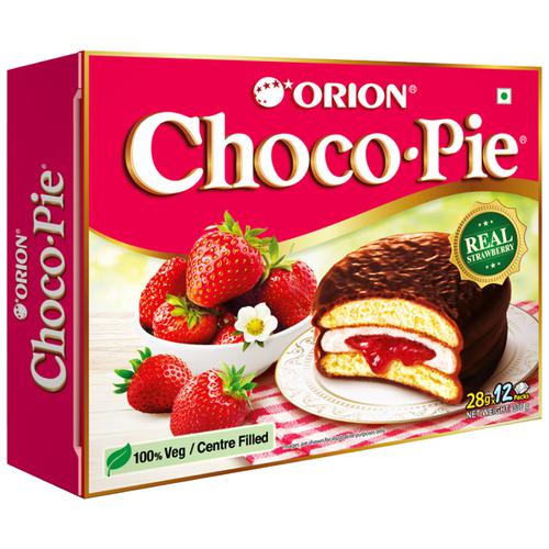 Orion Choco Pie - Centre Filled Biscuit, Soft, Real Strawberry Flavour, 336 g Box