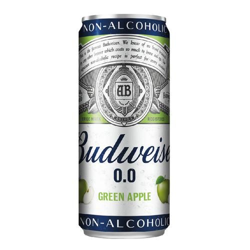 Budweiser 0.0 Non Alcoholic Green Apple Beer - Refreshing Flavour, 330 ml Can