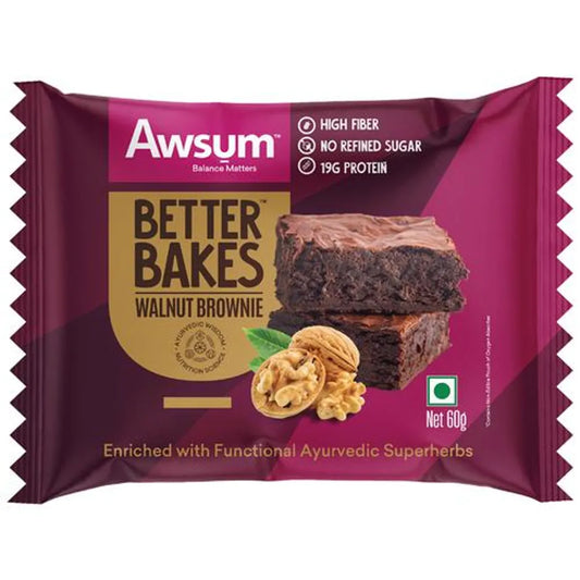 AWSUM Better Bakes Walnut Brownie With Ayurvedic Herbs - High Fibre, No Refined Sugar, 19g Protein, 60 g
