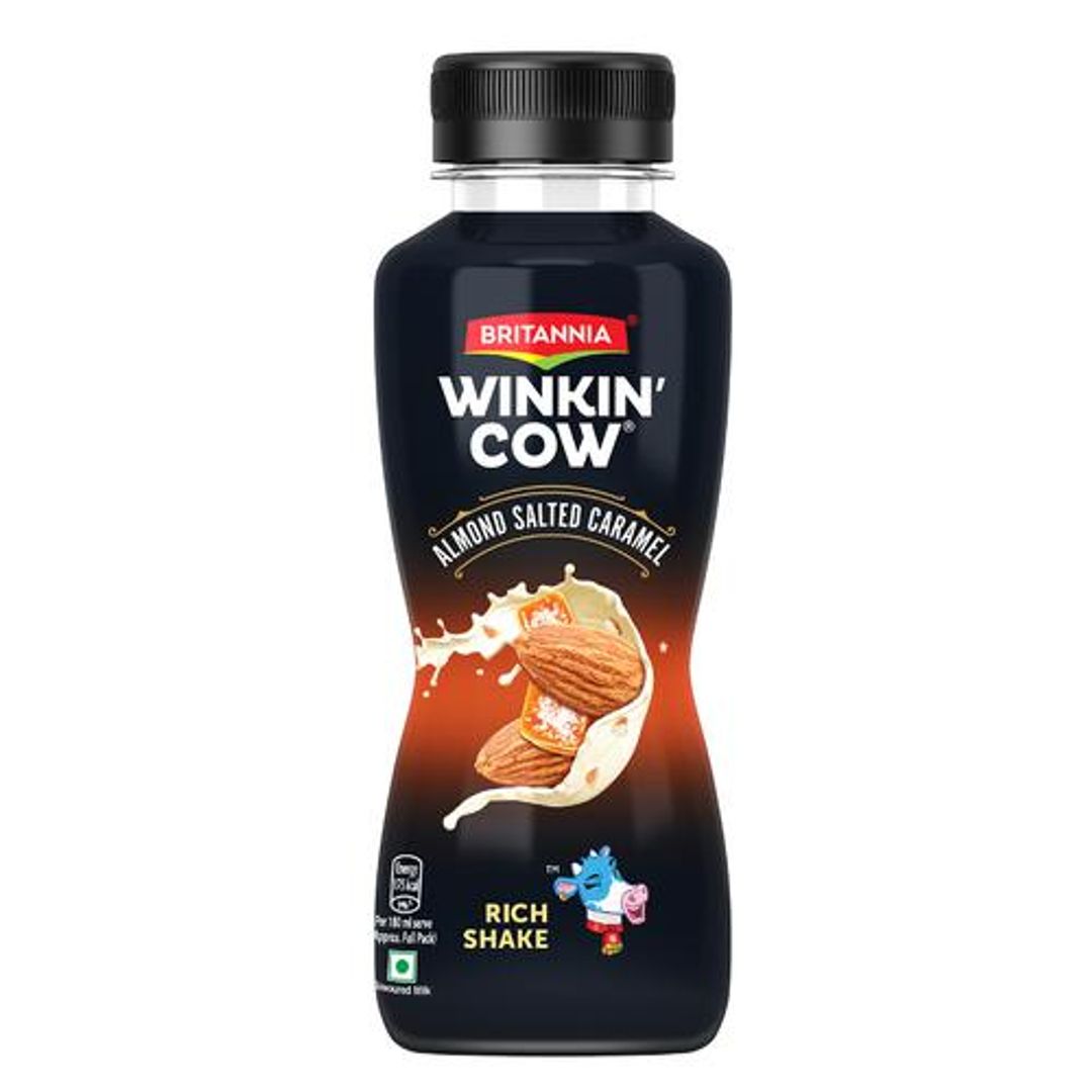 Britannia Winkin Cow Almond Salted Caramel Rich Milkshake - High In Calcium, 180 ml Pet Bottle