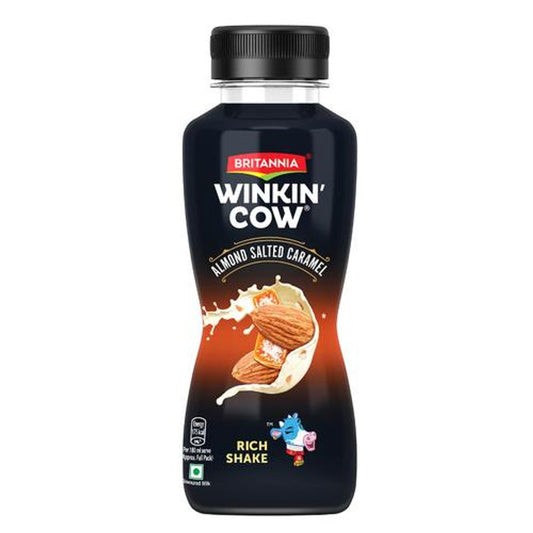 Britannia Winkin Cow Almond Salted Caramel Rich Milkshake - High In Calcium, 180 ml Pet Bottle