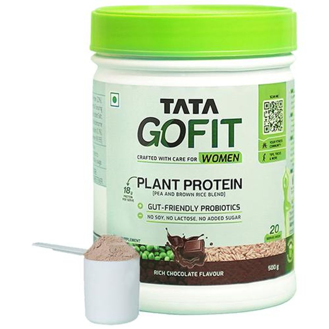 Tata GoFit Plant Protein Powder - Rich Chocolate Flavour, For Women, Gut-Friendly Probiotics, 500 g (20 Serves)