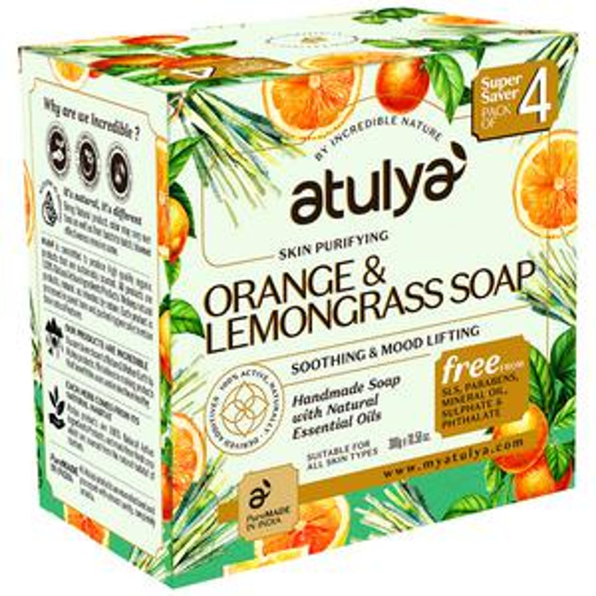 ATULYA Skin Purifying Orange & Lemongrass Soap - Smooth & Mood Lifting, Value Pack
