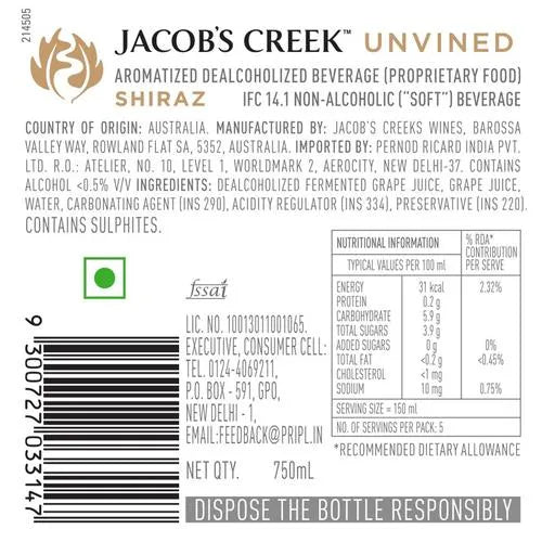 Jacob's Creek Unvined Shiraz Non-Alcoholic Wine, 750 ml