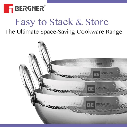 BERGNER BE Essentials 16 cm Hammered Kadai, 990ml Kadhai Without Lid, Thickness 2.2 mm, Food Safe, Sturdy and Durable, Easy to Clean, Gas Stove Ready, Dishwasher Safe, 5-Year Warranty, Silver