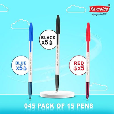 Reynolds 045 0.7mm Ball Pen - 5 Blue, 5 Black, 5 Red, Pack of 15