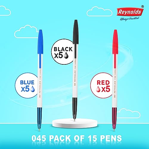 Reynolds 045 0.7mm Ball Pen - 5 Blue, 5 Black, 5 Red, Pack of 15
