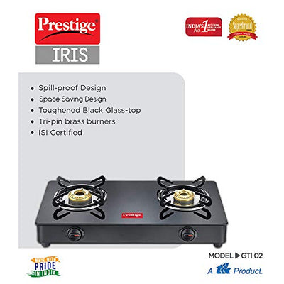 Prestige IRIS Toughened Glass-Top 2 Brass Burner LPG Gas Stove | Black | Spill Proof | Ergonomic Knobs | Tri-Pin Brass Burners