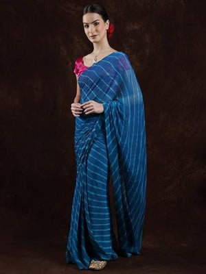 Exotic India Leharia Tie-Dye Sari from Jodhpur, Crystal Teal, Free Size