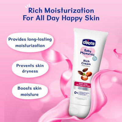 Chicco Baby Moments Rich Cream, New Advanced Formula with Natural Ingredients for Extra Rich Moisturization, Suitable for Preventing Dryness, No Phenoxyethanol and Parabens (100g)