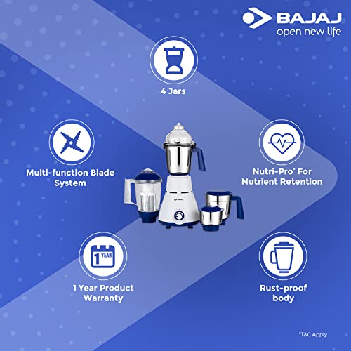 Bajaj Rex 750W Mixer Grinder with Nutri Pro Feature, 4 Jars, White (Indian Plug)