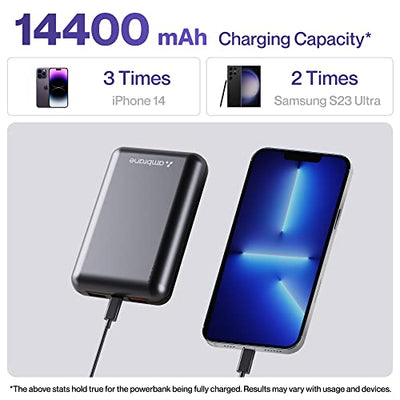 Ambrane 60W Fast Charging Powerbank for MacBook, Type C Laptop & Mobile Charging, Lithium Ion Battery, Metallic Body, Triple Output, Power Delivery & Quick Charge (Powerlit Boost, Black)