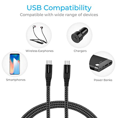 Ambrane Unbreakable 60W / 3A Fast Charging 1.5m Braided Type C to Type C Cable for Smartphones, Tablets, Laptops & other Type C devices, PD Technology, 480Mbps Data Sync (RCTT15, Black)
