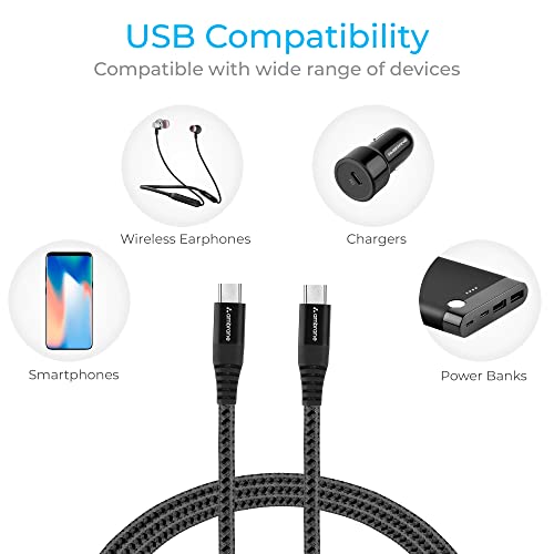 Ambrane Unbreakable 60W / 3A Fast Charging 1.5m Braided Type C to Type C Cable for Smartphones, Tablets, Laptops & other Type C devices, PD Technology, 480Mbps Data Sync (RCTT15, Black)