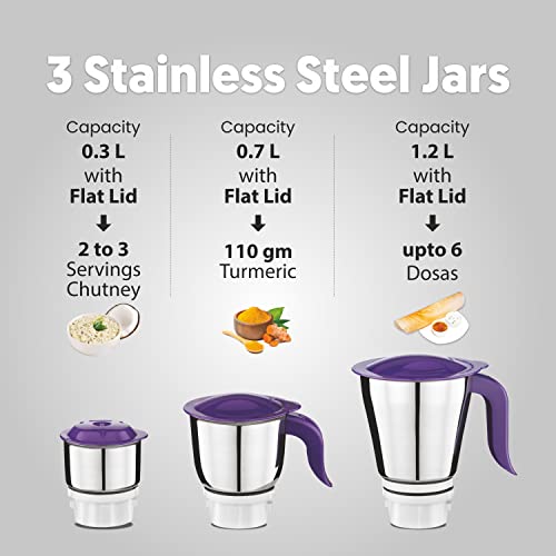 Preethi Crown Pro MG-254 Mixer grinder, 600 watt, White/Purple, 3 Jars with 5yr Motor Warranty & Lifelong Free Service
