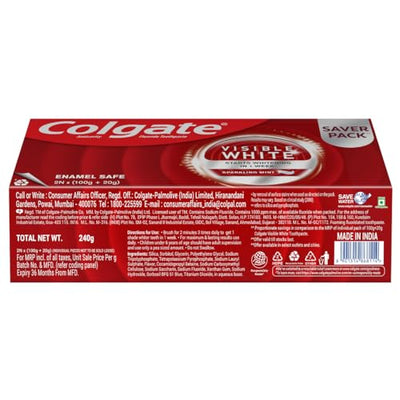 Colgate Visible White Toothpaste, Teeth Whitening Starts in 1 week, Safe on Enamel, Stain Removal Tooth Paste and Minty Flavour for Fresh Breath (200g + 40g, Combo Pack)