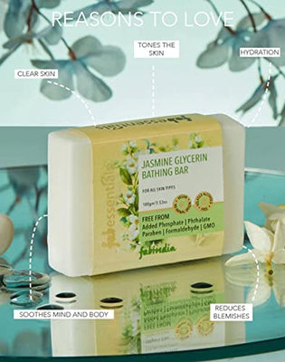8x Fabessentials Jasmine Glycerin Bathing Bar | with Natural Bioactives | for Deep Cleansing, Refreshing and Soothing Skin | Vegan & Toxin Free - 100 gm Pack of 8