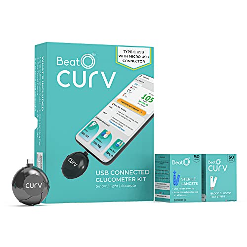 BeatO CURV Smartphone Connected Glucometer Machine | FREE 50 Strips & 50 Lancets (Type-C USB Connector) | Simple & accurate testing of Blood sugar levels at home |Sugar Test Machine | ISO Certified: Made in India