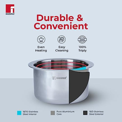 BERGNER Tripro Triply Stainless Steel Tope/Patila with Stainless Steel Lid, 16 cm, 2.1 Litre, Induction Base, Silver