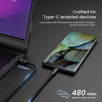 Ambrane Ultra Fast Type C Charging Cable, 65W VOOC Technology, Perfectly Compatible with Samsung, Mi, Realme, Oppo, Vivo, OnePlus, Nothing Devices, 480Mbps Data Sync, Braided, 1.2 M (ABCVS-12 Black)