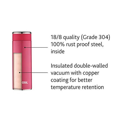 Borosil Stainless Steel Hydra Travelsmart - Vacuum Insulated Flask Water Bottle, 200 ML, Pink