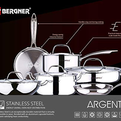 BERGNER Argent Tri-Ply Stainless Steel Casserole With Stainless Steel Lid (22 Cm, 4.1 Litres, Induction Base, Silver),Non-Stick, 4.1 Liter