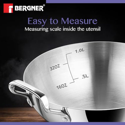 BERGNER BE Essentials TriPly Stainless Steel 18 cm Extra Deep Kadai/Indian Wok, 1 L Kadhai, Even Heat Distribution, Consumes Less Oil, Easy to Clean, Gas Stove Compatible, 5-Year Warranty